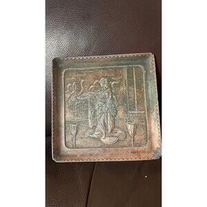 Japanese Copper Repoussé Tray Geisha Crane Scene Asian Wall Decor Plaque Vintage